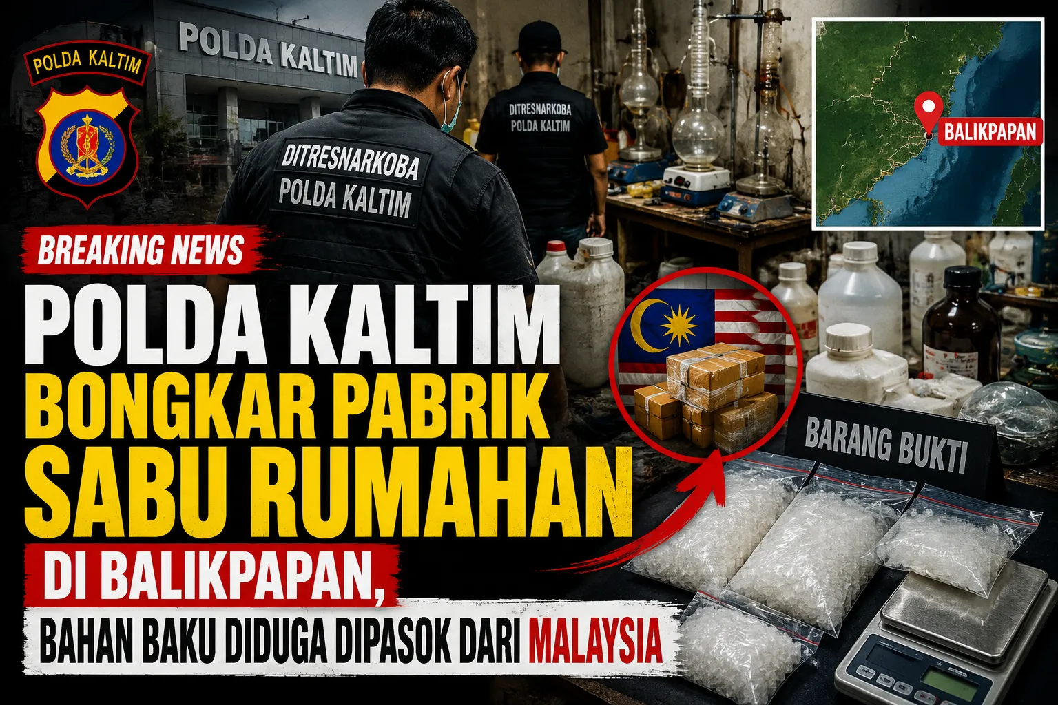 Polda Kalimantan Timur Bongkar Laboratorium Sabu Rumahan di Balikpapan, Bahan Baku Diduga Dipasok dari Malaysia